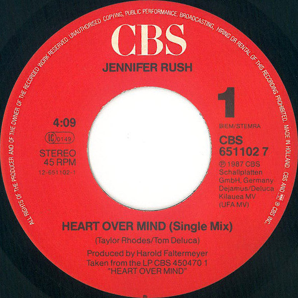 Jennifer Rush : Heart Over Mind (7", Single)