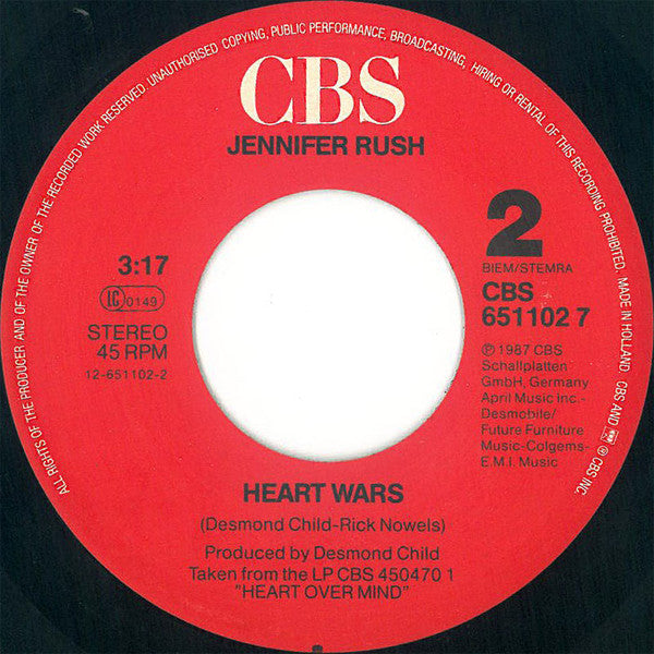 Jennifer Rush : Heart Over Mind (7", Single)