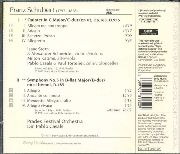 Franz Schubert / Isaac Stern, Alexander Schneider, Milton Katims, Pablo Casals, Paul Tortelier / Prades Festival Orchestra : Quintet D. 956 / Symphony No. 5 D. 485 (CD, Comp, RM)