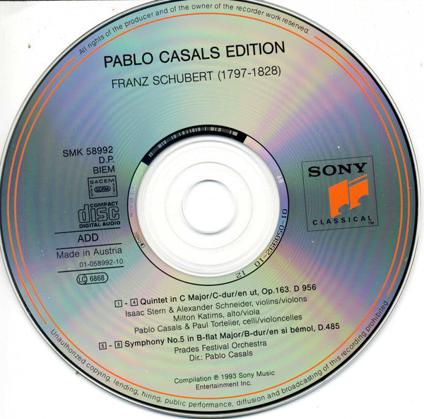 Franz Schubert / Isaac Stern, Alexander Schneider, Milton Katims, Pablo Casals, Paul Tortelier / Prades Festival Orchestra : Quintet D. 956 / Symphony No. 5 D. 485 (CD, Comp, RM)