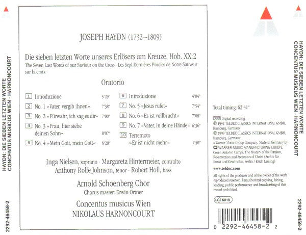 Joseph Haydn - Inga Nielsen, Margareta Hintermeier, Anthony Rolfe Johnson, Robert Holl, Arnold Schoenberg Chor, Concentus Musicus Wien, Nikolaus Harnoncourt : Die Sieben Letzten Worte Unseres Erlösers Am Kreuze (CD, Album, RE)