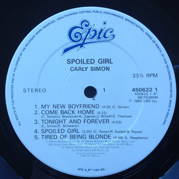 Carly Simon : Spoiled Girl (LP, Album)