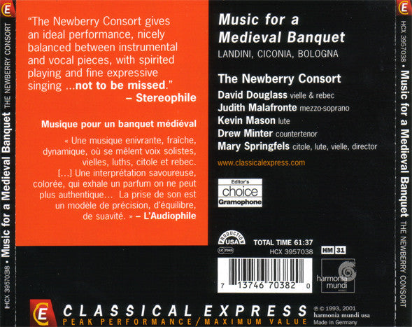 The Newberry Consort, Mary Springfels, Judith Malafronte, Drew Minter : Music For A Medieval Banquet (CD, Album, RE)