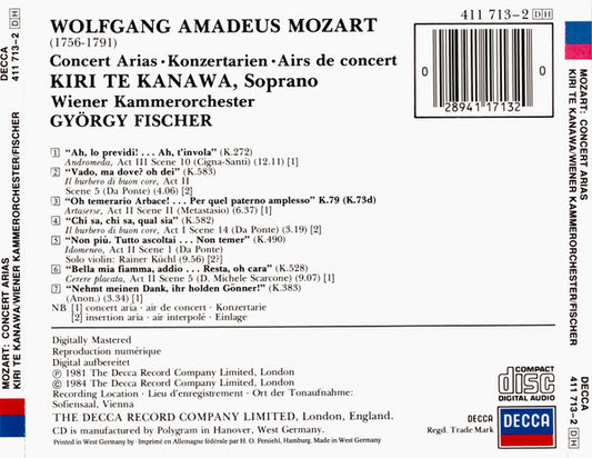 Kiri Te Kanawa, Wiener Kammerorchester, György Fischer - Wolfgang Amadeus Mozart : Concert Arias (CD)
