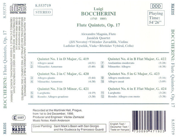 Luigi Boccherini, Alexandre Magnin, Janáček Quartet : Flute Quintets, Op. 17 (CD, Album)