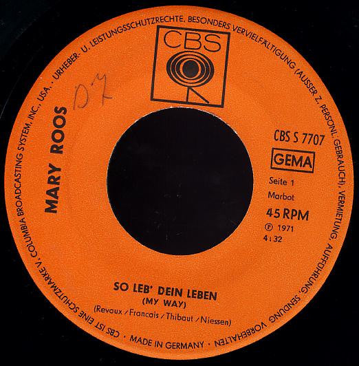 Mary Roos : So Leb' Dein Leben (7", Single)