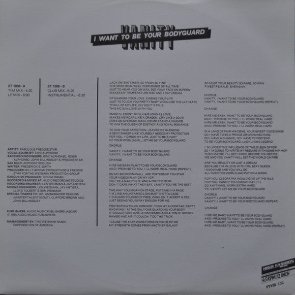 Fabulous Freddie Starr : Vanity, I Want  To Be Your Bodyguard (12")