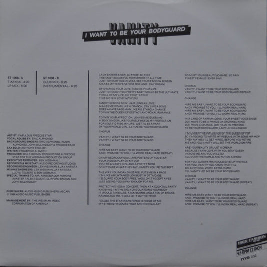 Fabulous Freddie Starr : Vanity, I Want  To Be Your Bodyguard (12")