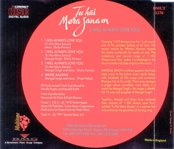 Mangal Singh And Amar : Tu Hai Mera Sanam (I Will Always Love You) (CD, Single)