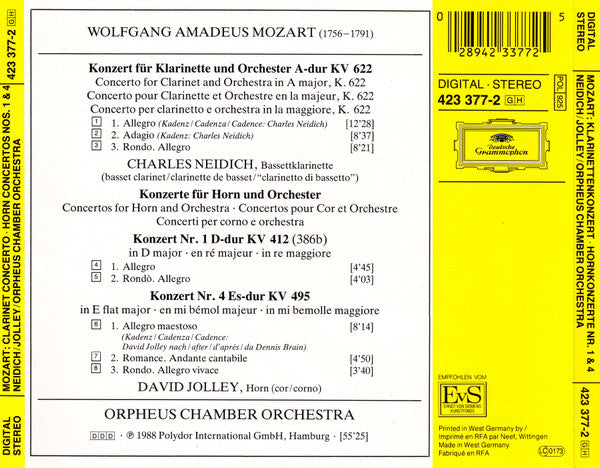 Wolfgang Amadeus Mozart – Charles Neidich · David Jolley · Orpheus Chamber Orchestra : Clarinet Concerto · Horn Concertos Nos. 1 & 4 (CD, Album, PDO)