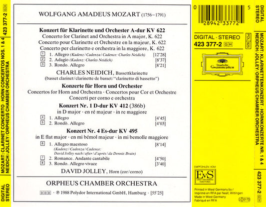 Wolfgang Amadeus Mozart – Charles Neidich · David Jolley · Orpheus Chamber Orchestra : Clarinet Concerto · Horn Concertos Nos. 1 & 4 (CD, Album, PDO)