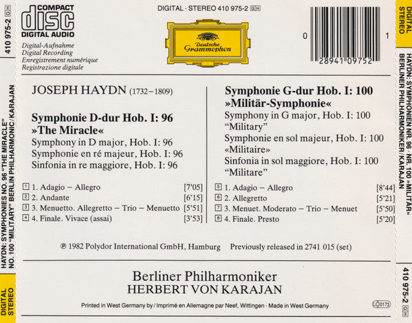 Joseph Haydn, Berliner Philharmoniker · Herbert von Karajan : Symphonien No. 96 »The Miracle« No. 100 »Militar · Military · Militaire« (CD, Album)