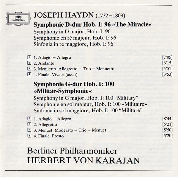 Joseph Haydn, Berliner Philharmoniker · Herbert von Karajan : Symphonien No. 96 »The Miracle« No. 100 »Militar · Military · Militaire« (CD, Album)