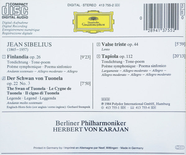 Jean Sibelius - Berliner Philharmoniker · Herbert von Karajan : Finlandia · Valse Triste · Tapiola · Der Schwan Von Tuonela = The Swan Of Tuonela (CD, Album)