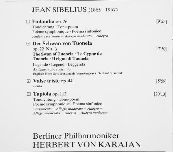 Jean Sibelius - Berliner Philharmoniker · Herbert von Karajan : Finlandia · Valse Triste · Tapiola · Der Schwan Von Tuonela = The Swan Of Tuonela (CD, Album)