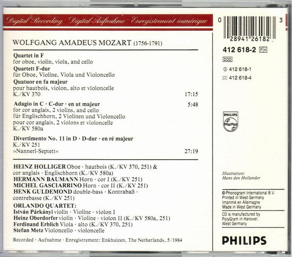 Mozart* - Heinz Holliger, Hermann Baumann, Orlando Quartet : Oboe Quartet K.370 / Quatuor Pour Hautbois · Divertimento K.251 · Adagio K.580a (CD)