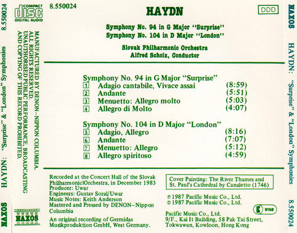 Joseph Haydn, Slovak Philharmonic Orchestra, Alfred Scholz : Symphony No. 94 "Surprise" & Symphony No. 104 "London" (CD)