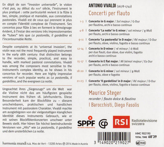 Maurice Steger, Antonio Vivaldi, I Barocchisti, Diego Fasolis : Concerti Per Flauto (CD, Album)