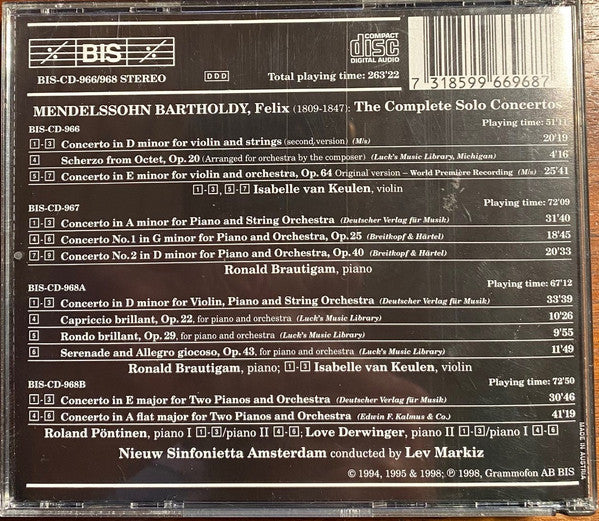 Mendelssohn* - Isabelle van Keulen, Ronald Brautigam, Roland Pöntinen, Love Derwinger, Nieuw Sinfonietta Amsterdam, Lev Markiz : The Complete Solo Concertos (4xCD, Album)