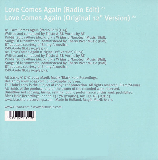 DJ Tiësto Featuring BT : Love Comes Again (CD, Single, Car)