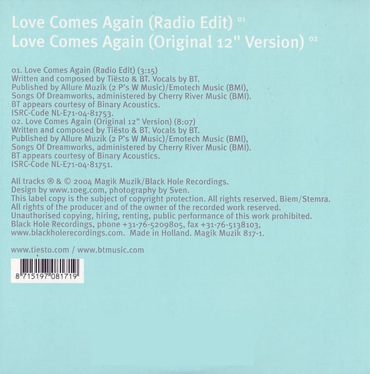 DJ Tiësto Featuring BT : Love Comes Again (CD, Single, Car)
