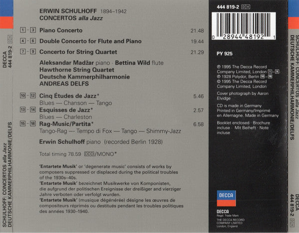 Erwin Schulhoff - Deutsche Kammerphilharmonie Bremen, Andreas Delfs : Concertos Alla Jazz (CD, Album, Mono)