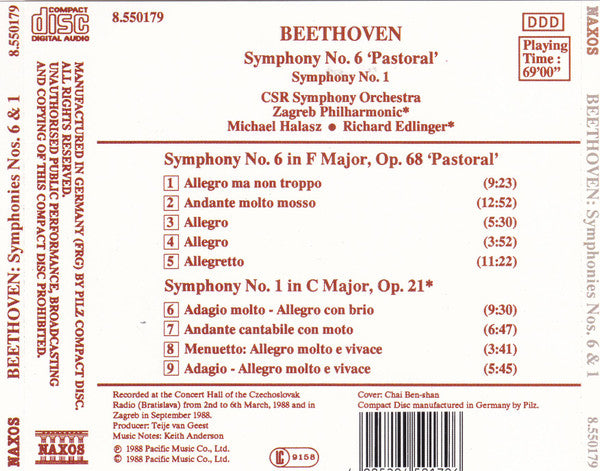 Ludwig Van Beethoven - Slovak Radio Symphony Orchestra, Zagrebačka Filharmonija, Michael Halász, Richard Edlinger : Symphony No. 6 'Pastoral', Symphony No. 1 (CD, Album)
