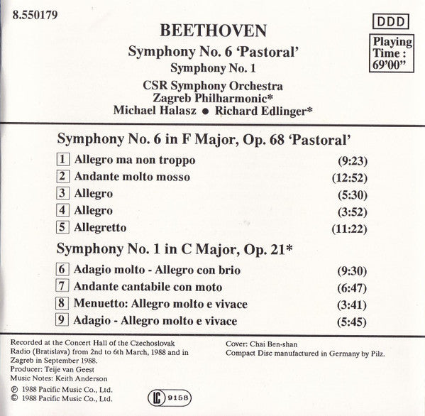 Ludwig Van Beethoven - Slovak Radio Symphony Orchestra, Zagrebačka Filharmonija, Michael Halász, Richard Edlinger : Symphony No. 6 'Pastoral', Symphony No. 1 (CD, Album)