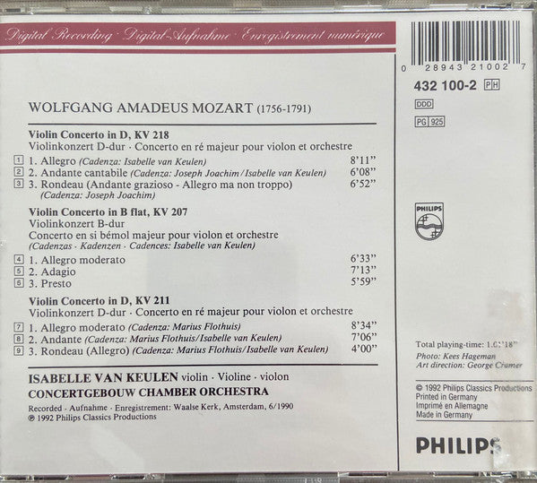 Mozart*, Isabelle van Keulen, Concertgebouw Chamber Orchestra : Violin Concertos = Violinkonzerte No. 1 KV 207, No. 2 KV 211 & No. 4 KV 218 (CD, Album)