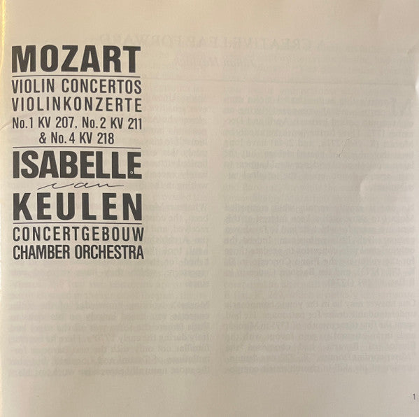 Mozart*, Isabelle van Keulen, Concertgebouw Chamber Orchestra : Violin Concertos = Violinkonzerte No. 1 KV 207, No. 2 KV 211 & No. 4 KV 218 (CD, Album)