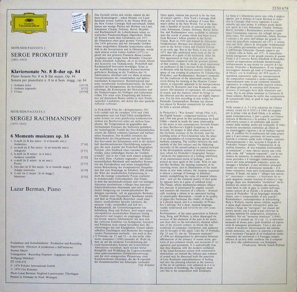 Sergei Prokofiev / Sergei Vasilyevich Rachmaninoff, Lazar Berman : Sonate Nr. 8 B-dur = B Flat Major / 6 Moments Musicaux (LP)