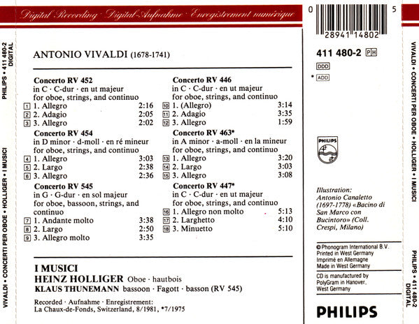Antonio Vivaldi - I Musici, Heinz Holliger, Klaus Thunemann : 5 Concerti Per Oboe / Concerto Per Oboe & Fagotto RV 545 (CD, Comp)