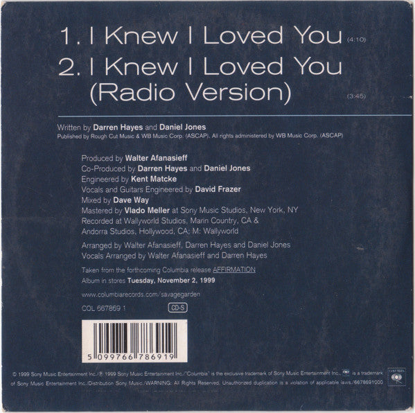 Savage Garden : I Knew I Loved You (CD, Single, Car)