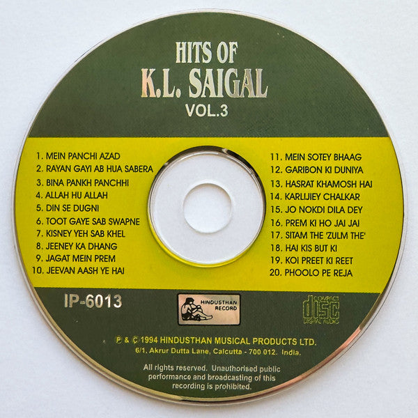 K. L. Saigal : Hits Of K.L. Saigal Vol. 3 (CD, Comp)
