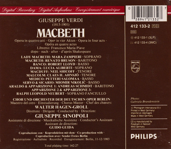 Giuseppe Verdi / Giuseppe Sinopoli, Orchester Der Deutschen Oper Berlin / Mara Zampieri, Renato Bruson, Neil Shicoff, Robert Lloyd (4) : Macbeth (3xCD, Album, Sli)