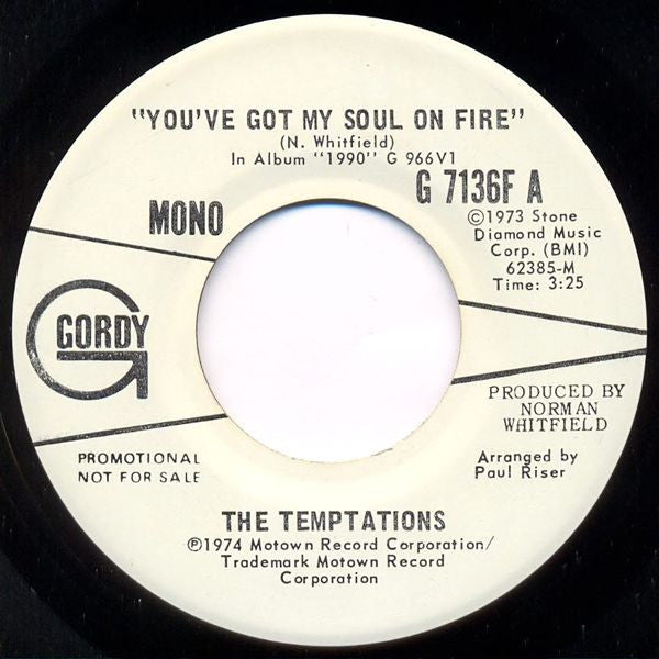 The Temptations : You've Got My Soul On Fire (7", Single, Promo)