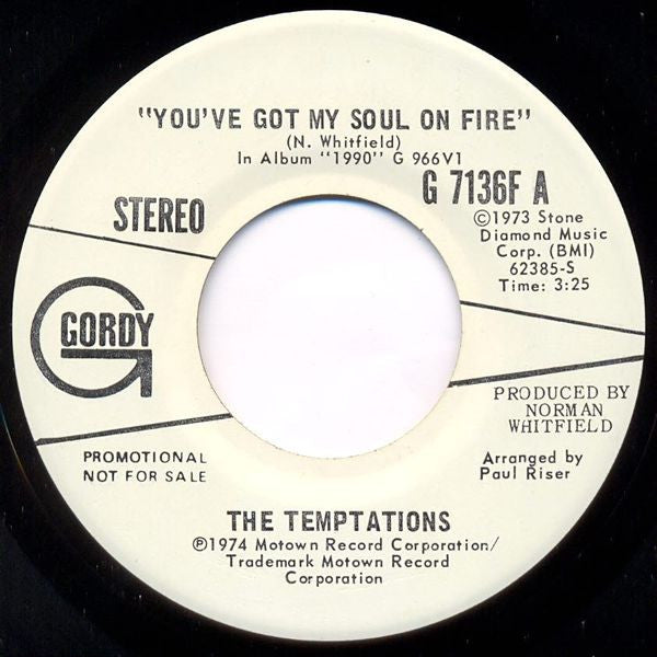 The Temptations : You've Got My Soul On Fire (7", Single, Promo)