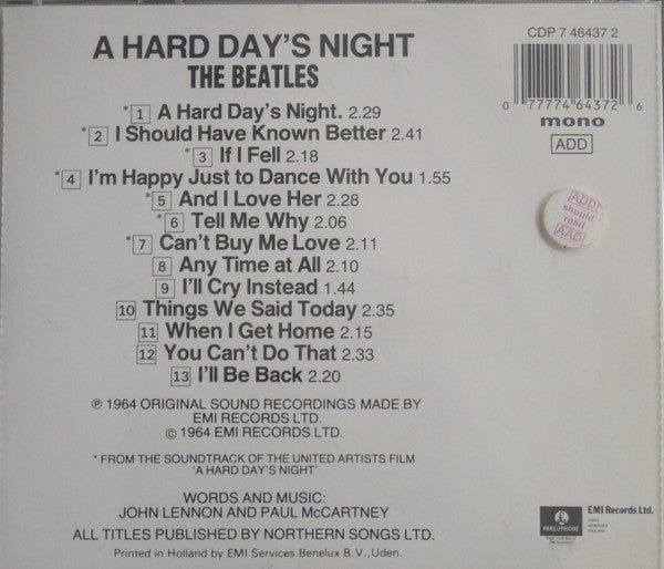 The Beatles : A Hard Day's Night (CD, Album, Mono, RE, PDO)