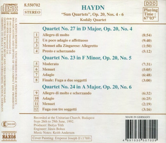 Joseph Haydn / Kodály Quartet : String Quartets Op. 20 "Sun", Nos. 4 - 6 (CD, Album)
