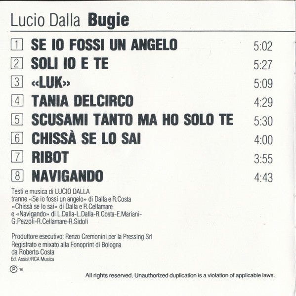 Lucio Dalla : Bugie (CD, Album)