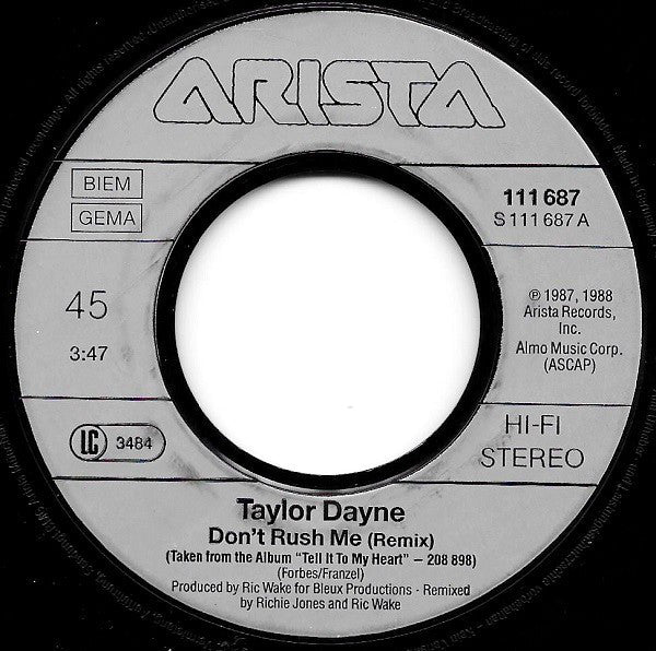 Taylor Dayne : Don't Rush Me (7", Single)