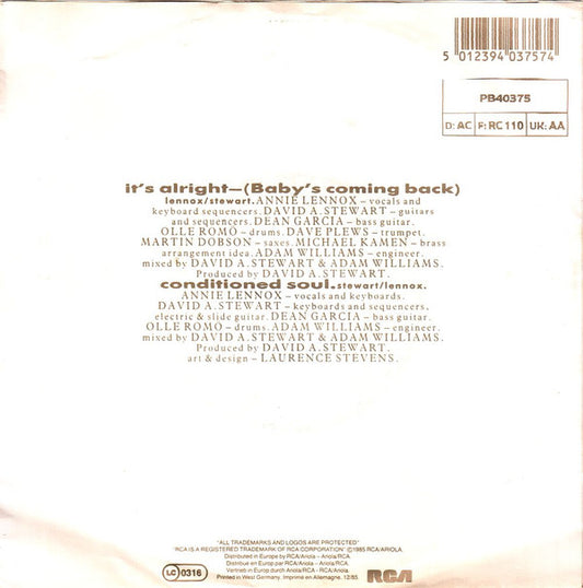 Eurythmics : It's Alright (Baby's Coming Back) (7", Single)