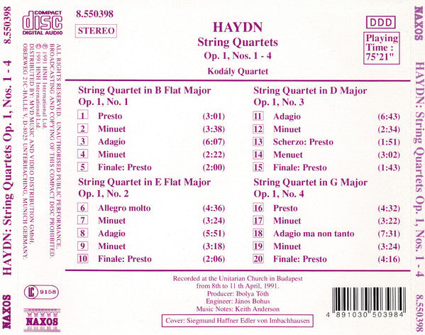 Joseph Haydn – Kodály Quartet : String Quartets Op. 1, Nos. 1 - 4 (CD, Album)