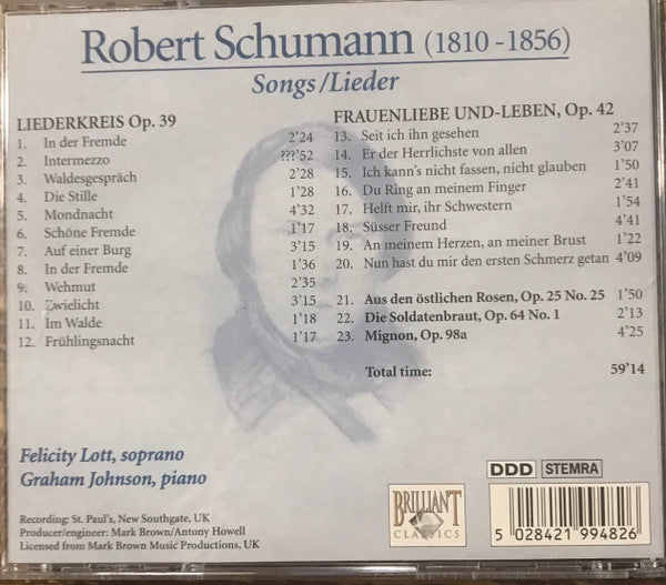 Robert Schumann, Felicity Lott, Graham Johnson (2) : Songs / Lieder  Liederkreis Op. 39. Frauenliebe Und-Leben (CD, Album)