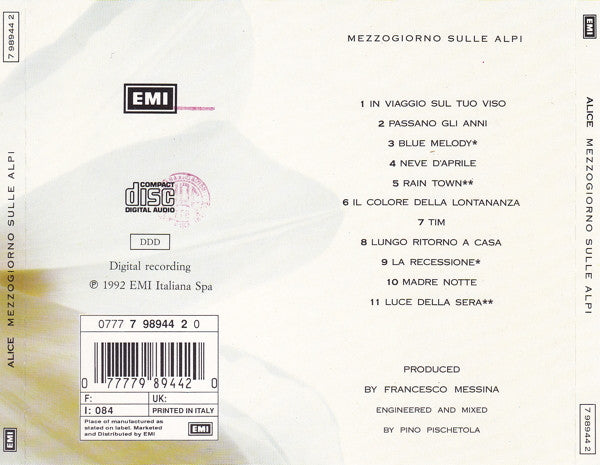 Alice (4) : Mezzogiorno Sulle Alpi (CD, Album, RE)