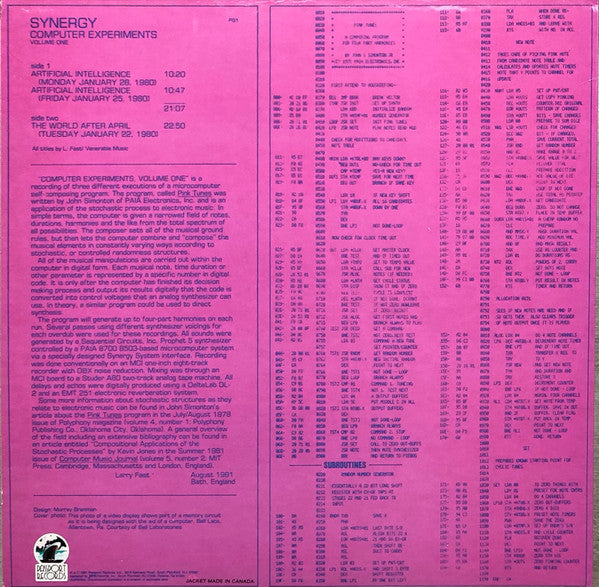 Synergy (3) : Computer Experiments Volume One (LP, Ltd, Num)