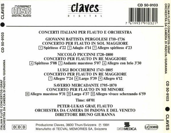 Giovanni Battista Pergolesi, Niccolò Piccinni, Luigi Boccherini, Giuseppe Saverio Mercadante, Peter-Lukas Graf, Orchestra Di Padova E Del Veneto, Bruno Giuranna : Italian Flute Concertos (CD, Album)