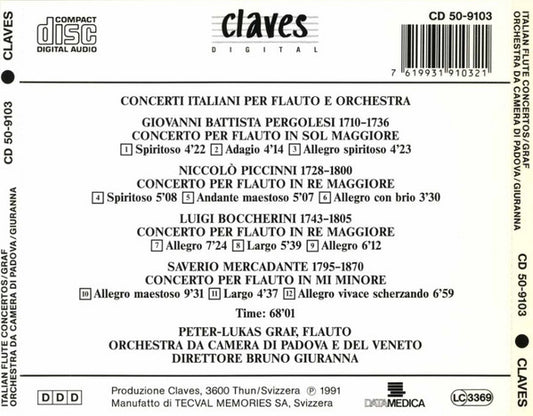 Giovanni Battista Pergolesi, Niccolò Piccinni, Luigi Boccherini, Giuseppe Saverio Mercadante, Peter-Lukas Graf, Orchestra Di Padova E Del Veneto, Bruno Giuranna : Italian Flute Concertos (CD, Album)