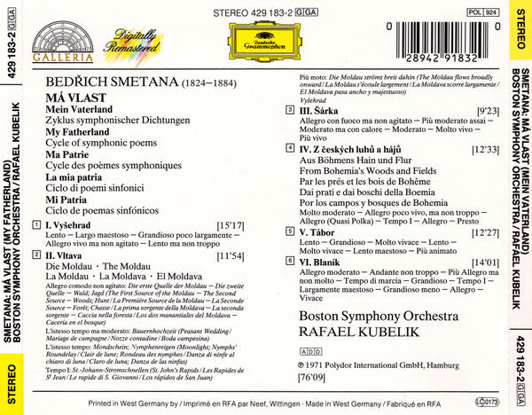 Bedřich Smetana / Boston Symphony Orchestra, Rafael Kubelik : Má Vlast = Mein Vaterland = My Fatherland = Ma Patrie (CD, Album, RE, RM)