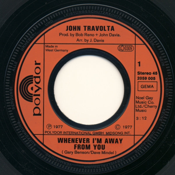 John Travolta : Whenever I'm Away From You (7", Single, RE)